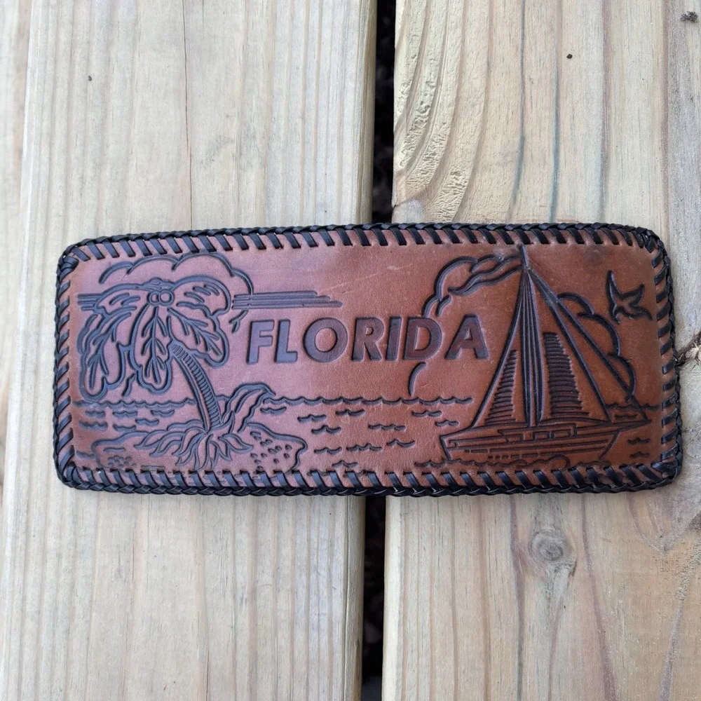 Vintage Leather Wallet Sportsman Hand Tooled Whipstitch USA Made Bifold Florida